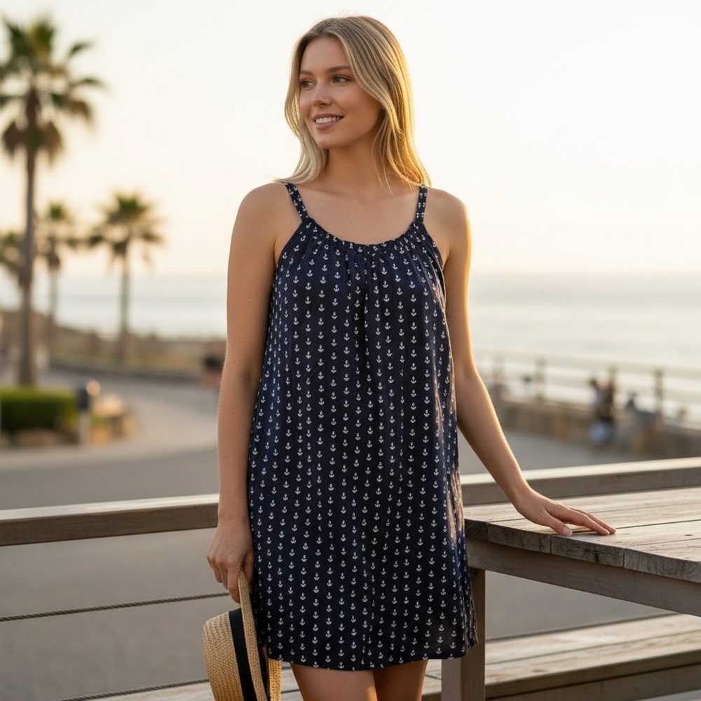 J.Crew Factory Navy Anchor Print Mini Dress 100% Cotton Nautical Summer L